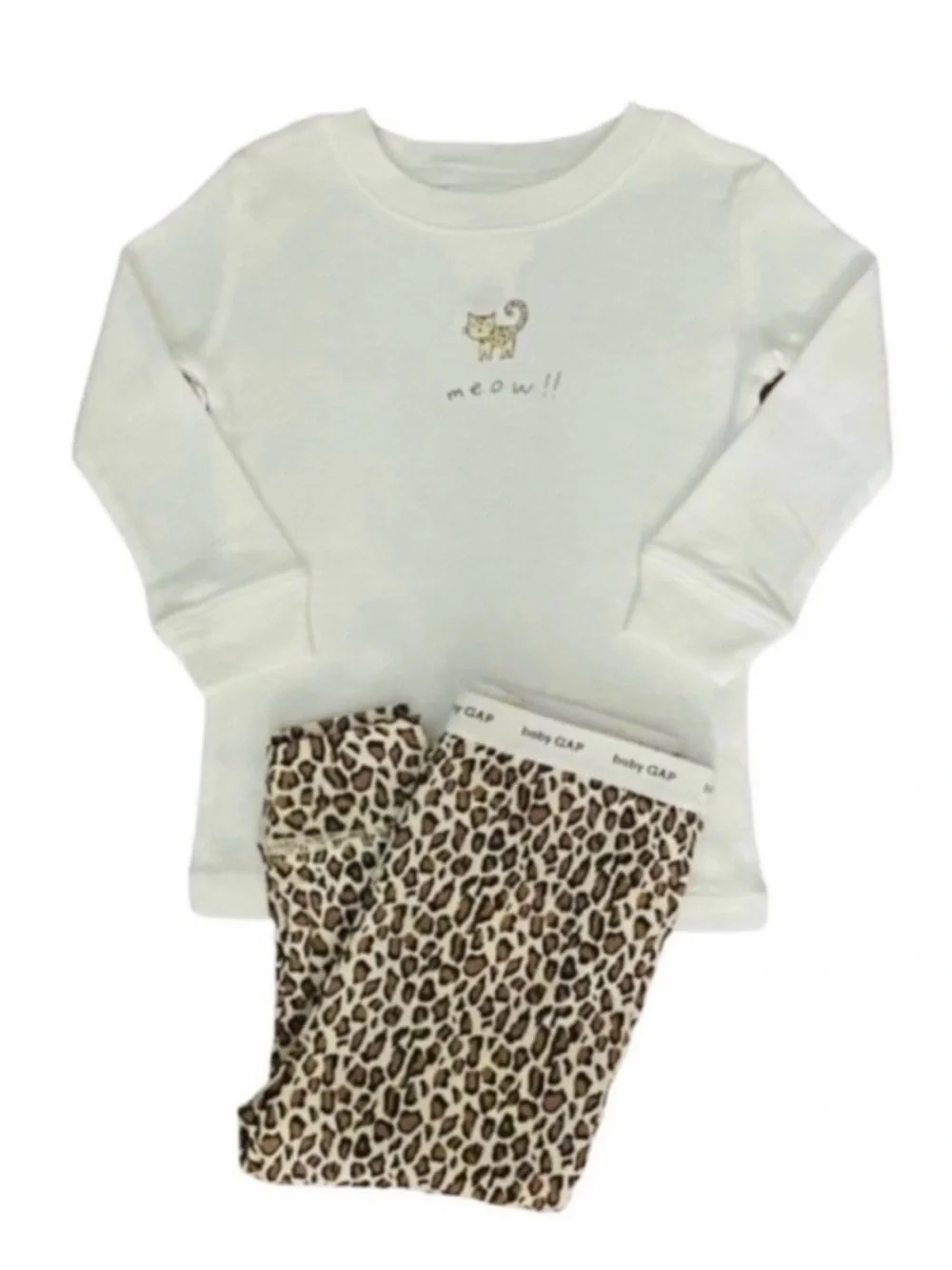 Gap Cat 'Meow' Long Sleeve Pajama Set with Leopard Print Pants